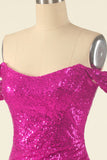 Fuchsia Off the Shoulder Sequins Tight Cocktail Dress