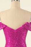 Fuchsia Off the Shoulder Sequins Tight Cocktail Dress