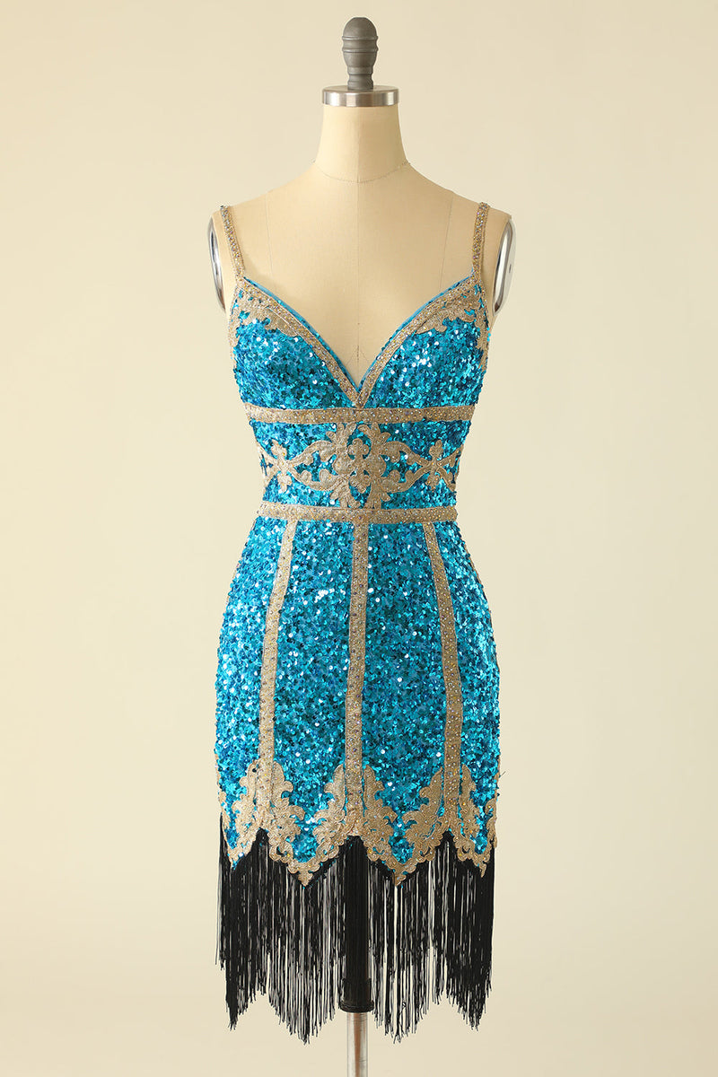 Load image into Gallery viewer, Lake Blue Sequin Short Formal Dress with Fringes