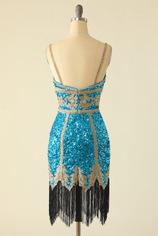 Lake Blue Sequin Short Formal Dress with Fringes