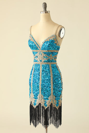 Lake Blue Sequin Short Formal Dress with Fringes