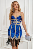 Royal Blue Sequined Short Formal Dress With Fringes