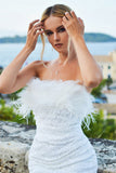 Sheath Strapless White Short Formal Dress with Feathers