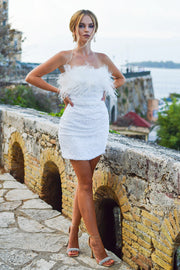 Sheath Strapless White Short Formal Dress with Feathers