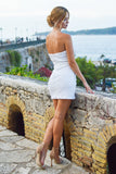 Sheath Strapless White Short Formal Dress with Feathers