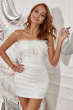 White Strapless Short Formal Dress with Feathers