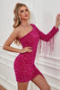 Load image into Gallery viewer, Fuchsia One Shoulder Sequins Tight Short Formal Dress with Sleeves