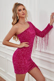 Fuchsia One Shoulder Sequins Tight Short Formal Dress with Sleeves