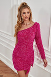 Fuchsia One Shoulder Sequins Tight Short Formal Dress with Sleeves