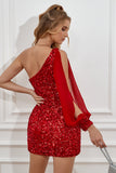 Red Tight Sequins Short Formal Dress with Sleeves