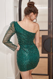 One Shoulder Beaded Green Short Formal Dress