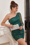 One Shoulder Beaded Green Short Formal Dress