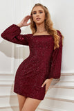 Burgundy Tight Sequins Short Formal Dress with Sleeves