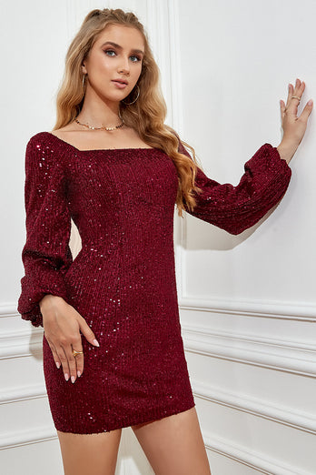 Burgundy Tight Sequins Short Formal Dress with Sleeves