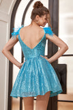 Blue Sequin A-Line Short Formal Dress with Feathers