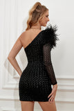 Black Sequins Tight Short Formal Dress with Feathers