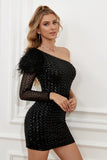 Black Sequins Tight Short Formal Dress with Feathers