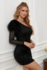 Load image into Gallery viewer, Black Sequins Tight Short Formal Dress with Feathers