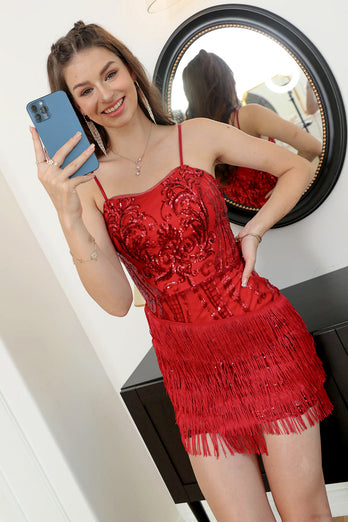 Red Sequin Fitted Short Formal Dress with Fringes