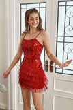 Red Sequin Fitted Short Formal Dress with Fringes