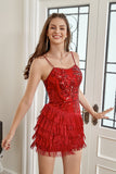 Red Sequin Fitted Short Formal Dress with Fringes