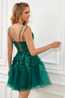 Dark Green Lace-Up A-Line Short Formal Dress