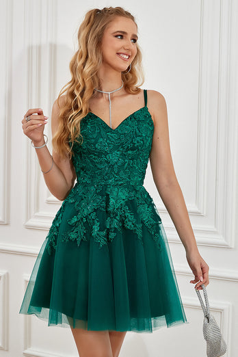Dark Green Lace-Up A-Line Short Formal Dress