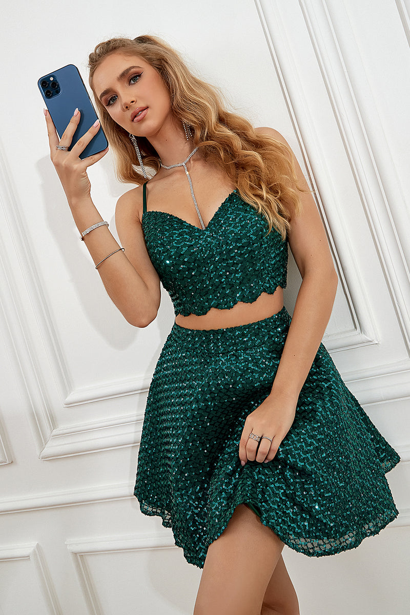 Load image into Gallery viewer, Two Piece Dark Green Halter Sequins Short Formal Dress