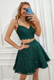 Two Piece Dark Green Halter Sequins Short Formal Dress