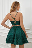 Two Piece Dark Green Halter Sequins Short Formal Dress