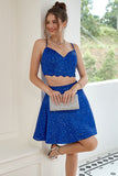 Two Piece Spaghetti Straps Royal Blue Short Formal Dress