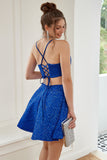 Two Piece Spaghetti Straps Royal Blue Short Formal Dress