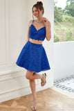 Two Piece Spaghetti Straps Royal Blue Short Formal Dress