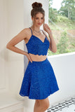 Two Piece Spaghetti Straps Royal Blue Short Formal Dress