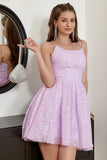 A Line Spaghetti Straps Light Purple Sequins Short Formal Dress