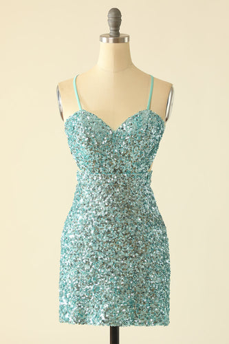 Blue Open Back Sequin Glitter Short Formal Dress