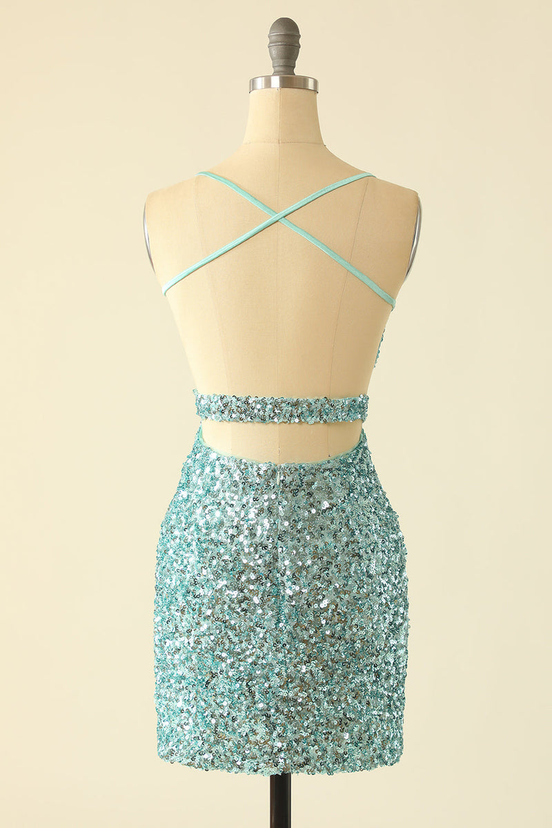 Load image into Gallery viewer, Blue Open Back Sequin Glitter Short Formal Dress