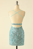 Blue Open Back Sequin Glitter Short Formal Dress