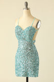 Blue Open Back Sequin Glitter Short Formal Dress