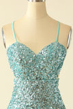 Blue Open Back Sequin Glitter Short Formal Dress