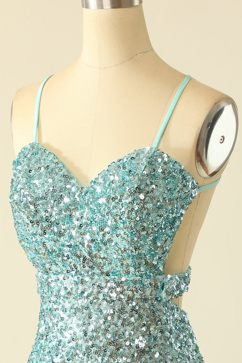 Load image into Gallery viewer, Blue Open Back Sequin Glitter Short Formal Dress
