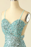 Blue Open Back Sequin Glitter Short Formal Dress