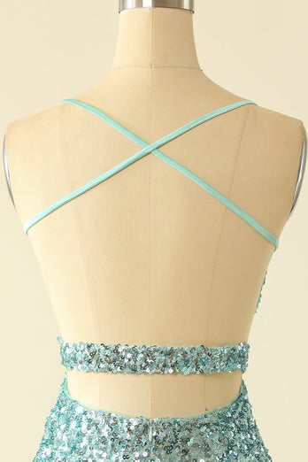 Blue Open Back Sequin Glitter Short Formal Dress