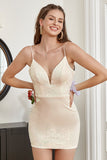 Sheath Spaghetti Straps Apricot Sequins Short Formal Dress