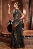 Black and Gold Sequin Long 1920s Gatsby Dress with Sequins