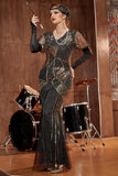 Black and Gold Sequin Long 1920s Gatsby Dress with Sequins