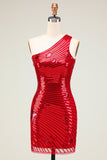 Cheap Sheath One Shoulder Red Sequins Semi Formal Dress with Star