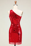 Cheap Sheath One Shoulder Red Sequins Semi Formal Dress with Star