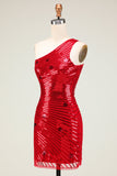 Cheap Sheath One Shoulder Red Sequins Semi Formal Dress with Star