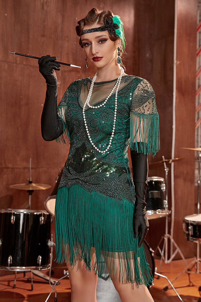 Load image into Gallery viewer, Rose Golden Bateau Neck 1920s Gatsby Dress With Fringes